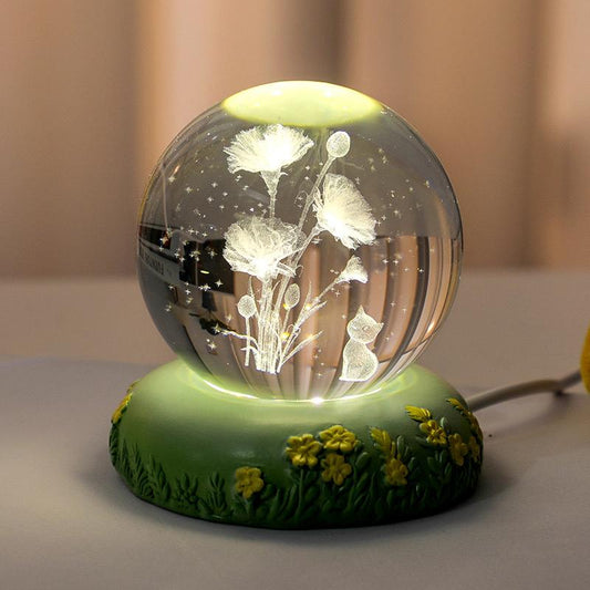 Crystal Globe Night Light – 3D Floral Design, USB Powered, Soft Ambient Bedside Lamp for Bedroom & Gifting (8cm)