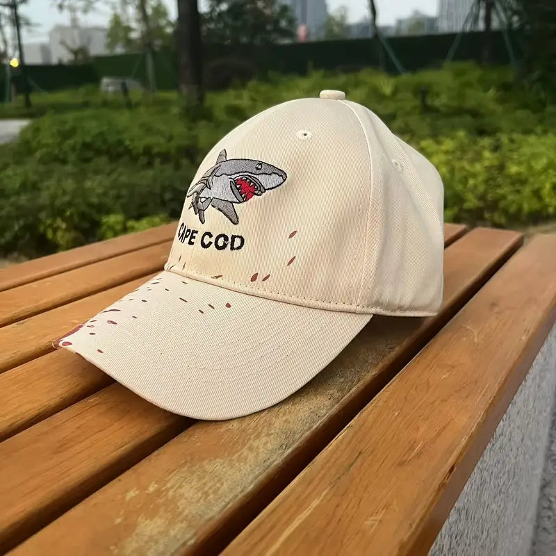 Cape Cod Shark Embroidered Baseball Cap - Funky Graffiti Splatter Design, Lightweight Polyester, Ideal for Couples & Anniversary Gifts