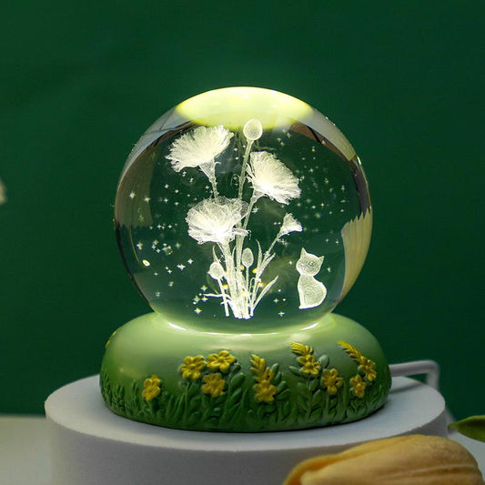 Crystal Globe Night Light – 3D Floral Design, USB Powered, Soft Ambient Bedside Lamp for Bedroom & Gifting (8cm)