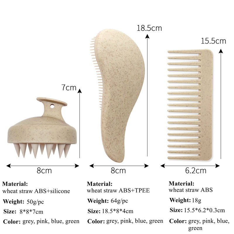Hair Care Set with Detangling Brush, Wide Tooth Comb, Scalp Massager, 3 Pieces, Pastel Colours