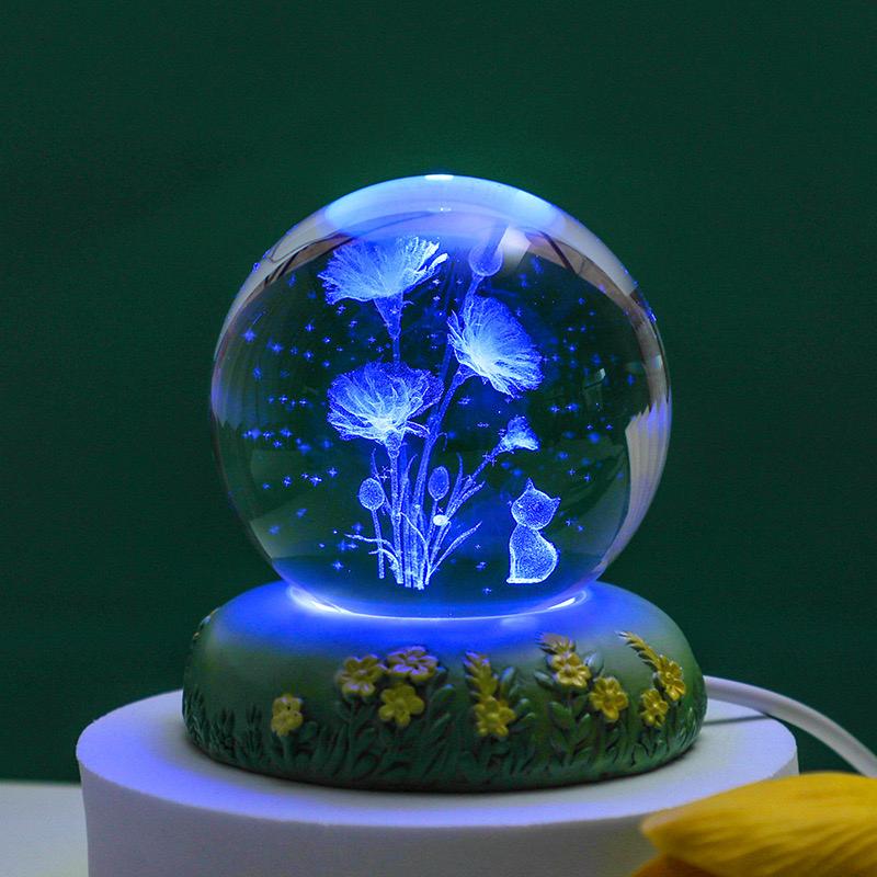 Crystal Globe Night Light – 3D Floral Design, USB Powered, Soft Ambient Bedside Lamp for Bedroom & Gifting (8cm)