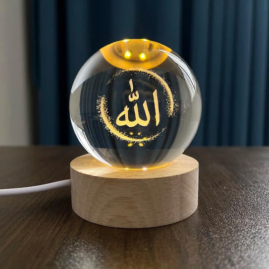 LED Crystal Ball Islamic Calligraphy Night Light, Wooden Base, Arabic Art Decor (6 CM) (D 1)