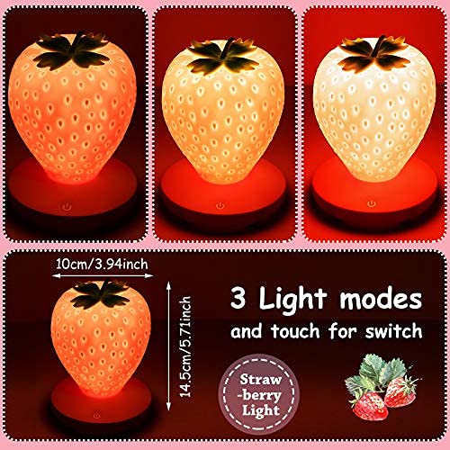 Strawberry Night Light, Cute Silicone Led Lamp, Night Light 3 Modes Touch, Bedside Color Changing Lamp for Birthday, Valentine's Day, Pink