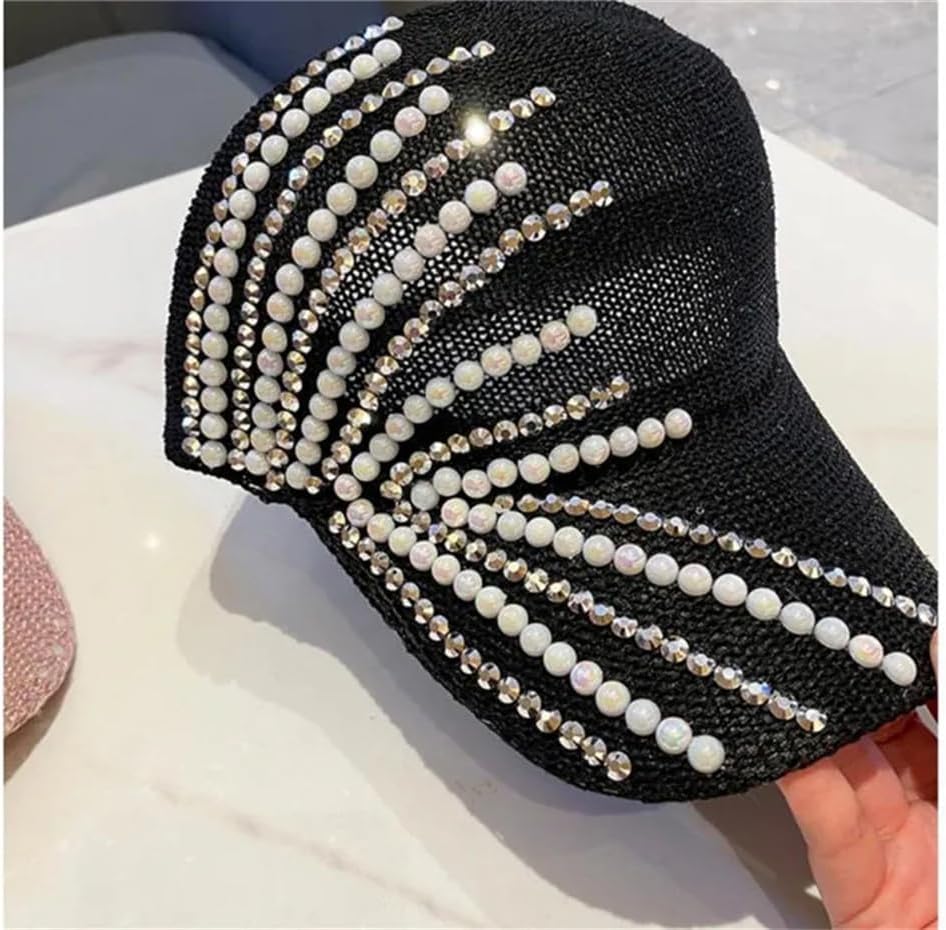 Women's Black Baseball Premium Cap with Pearl and Crystal Embellishments, Rhinestone Decorated Fashion Hat
