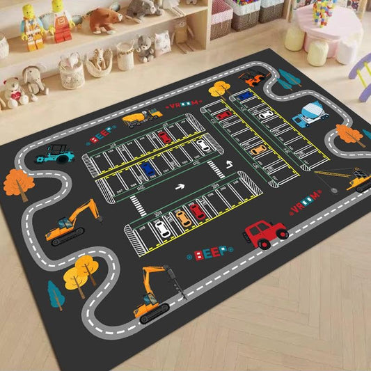 P2 Kids Play Mat with Parking Lot Design, Construction Vehicles, Road Pattern, Educational Learning Rug, Black