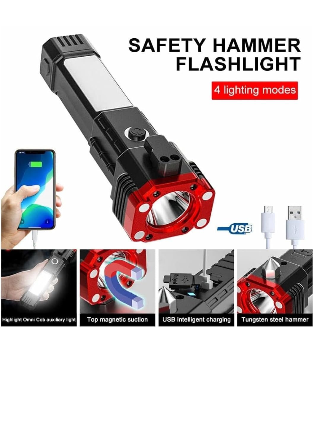 LED Flashlight with Magnets, hammer with 4 in 1 option Torch