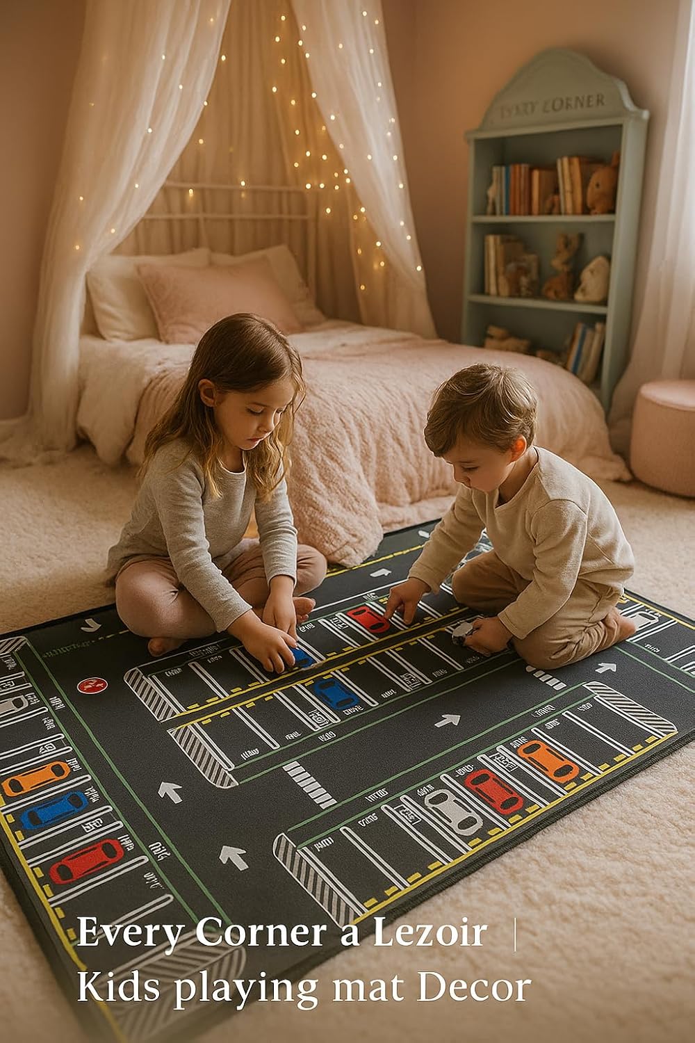 Kids Play Mat with Parking Lot Design, Construction Vehicles, Road Pattern, Educational Learning Rug, Black