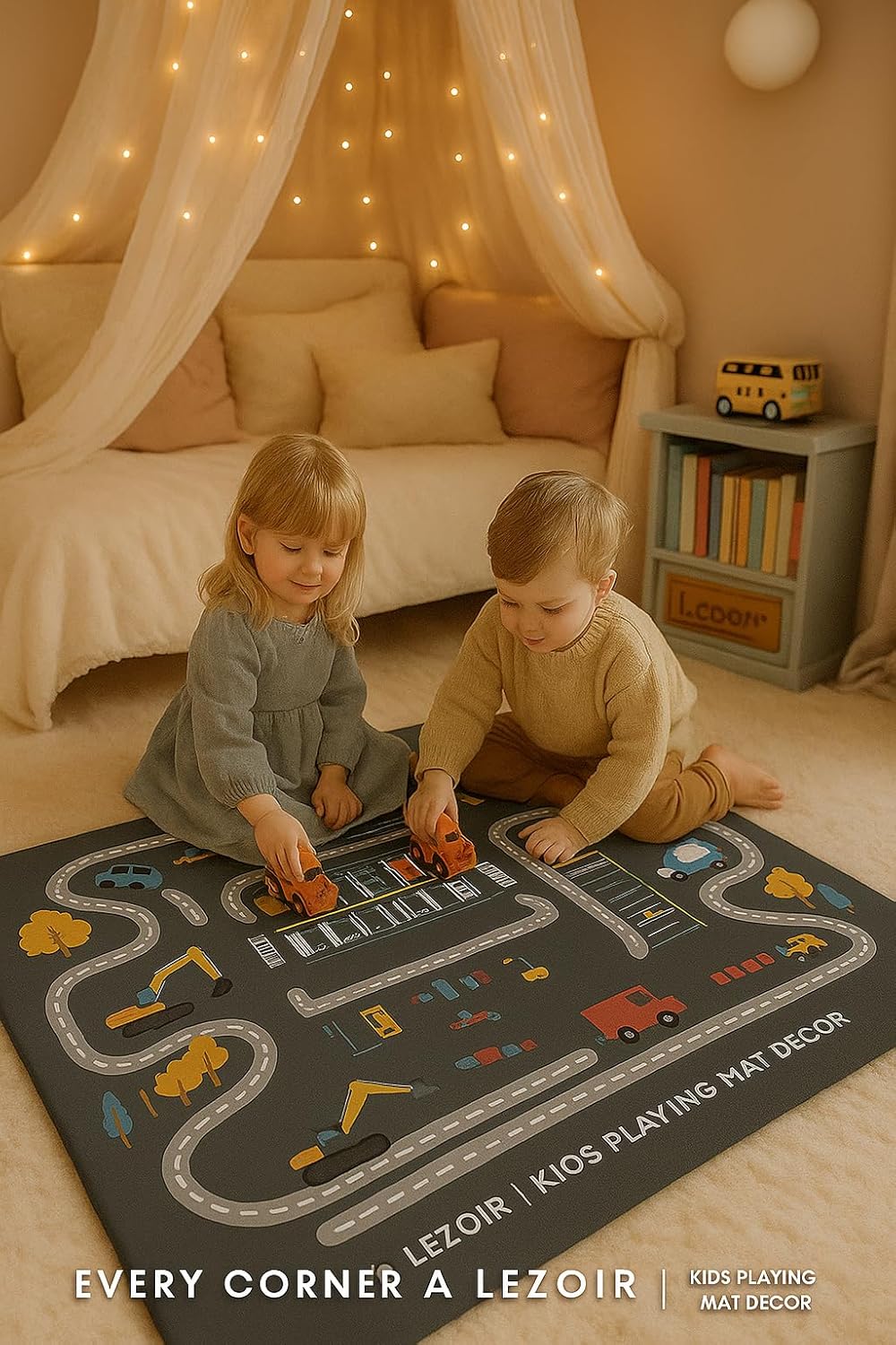 P2 Kids Play Mat with Parking Lot Design, Construction Vehicles, Road Pattern, Educational Learning Rug, Black