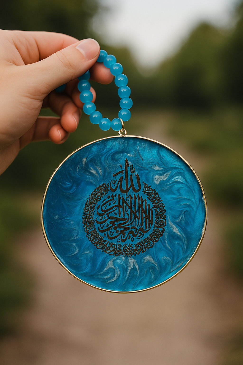 Handmade Car hanging/ Wall Art Hanging Decor, Turquoise Blue Resin Medallion with Arabic Calligraphy, Gold Frame with Beaded Chain