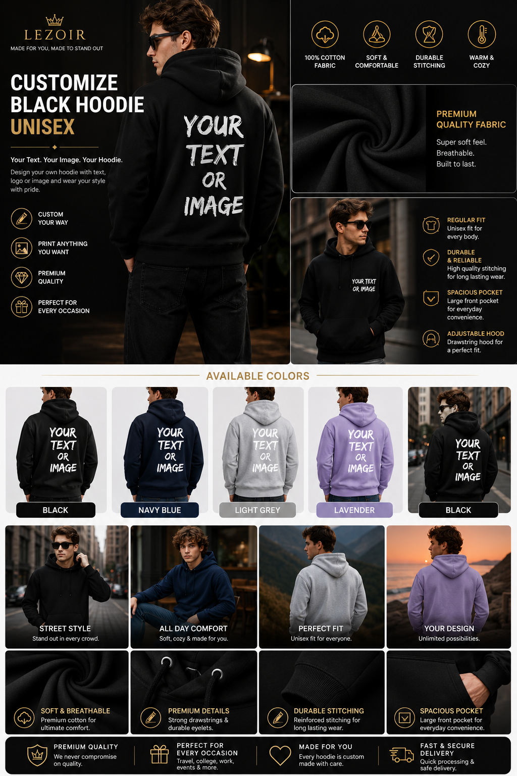 Custom Hoodie for Men & Women – Personalized Photo, Text & Logo Printed Hoodie by Lezoir