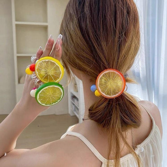 Colorful Fruit Slice Hair Ties with Pom Poms, Elastic Hair Bands for Girls, Multi-Color (Pack of 3)