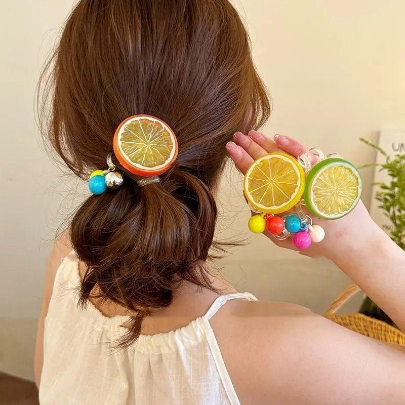 Colorful Fruit Slice Hair Ties with Pom Poms, Elastic Hair Bands for Girls, Multi-Color (Pack of 3)