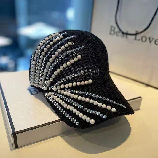 Women's Black Baseball Premium Cap with Pearl and Crystal Embellishments, Rhinestone Decorated Fashion Hat