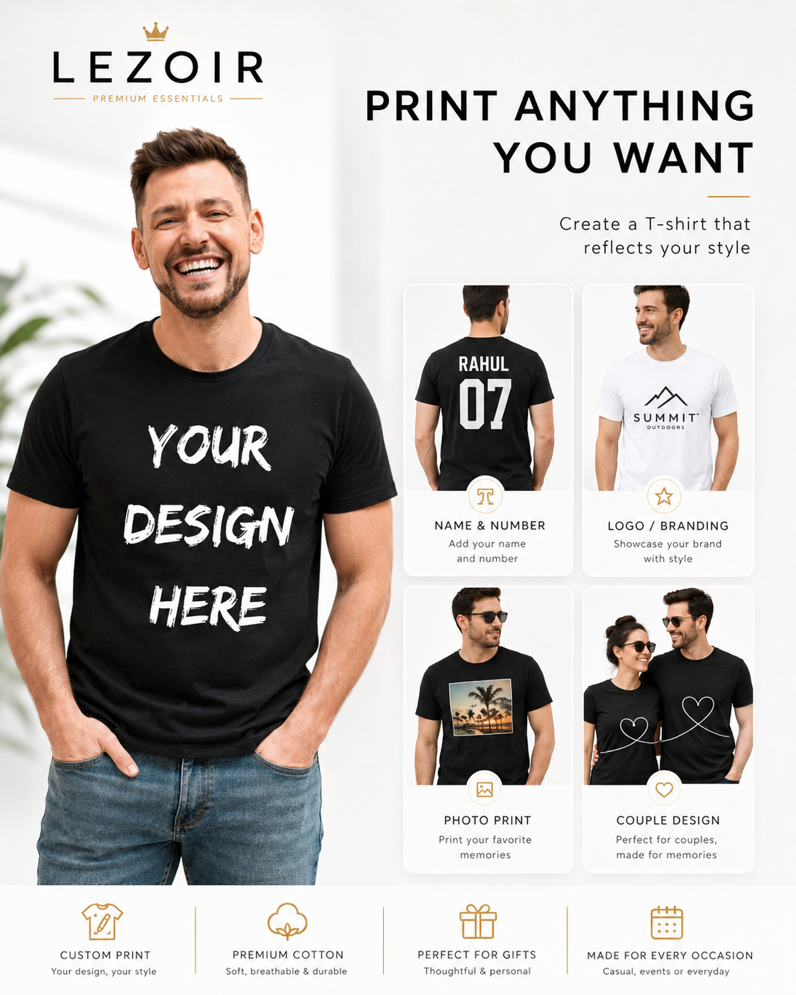LEZOIR Custom Printed Men's T-Shirt | Personalized Text & Image | Premium Half-Sleeve | White, Black, Lavender, Beige, Peach, Pink