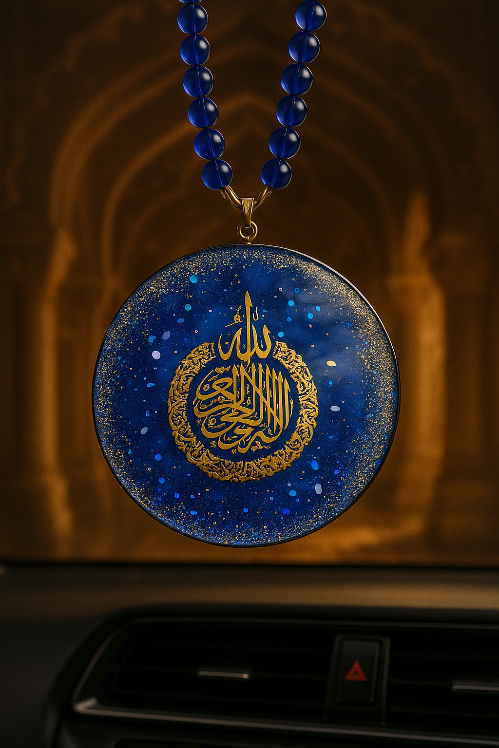 Handmade Wall Hanging Ornament, 4x4 inch Blue Medallion with Arabic Calligraphy, Crystal Beaded Chain