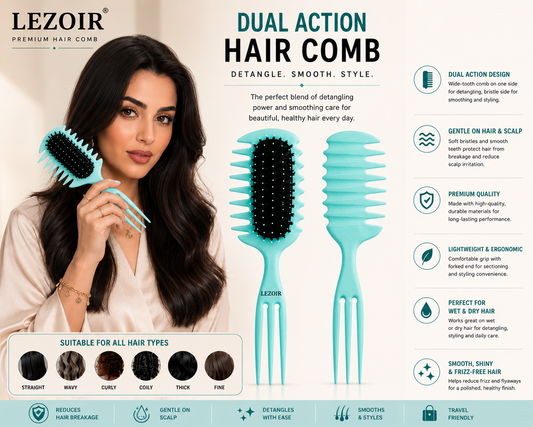 Lezoir Dual Action Hair Comb | Detangling & Smoothing Comb for Wet & Dry Hair