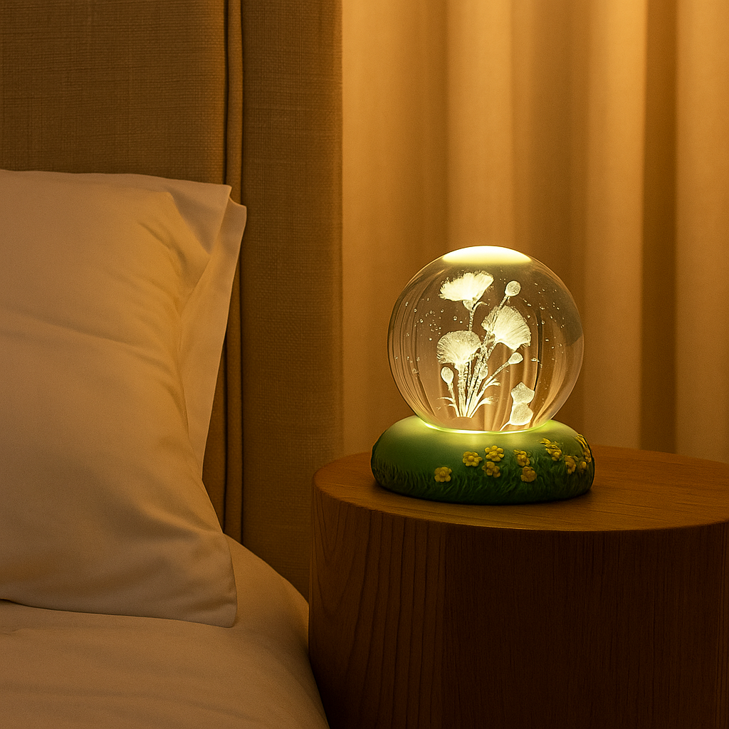 Crystal Globe Night Light – 3D Floral Design, USB Powered, Soft Ambient Bedside Lamp for Bedroom & Gifting (8cm)