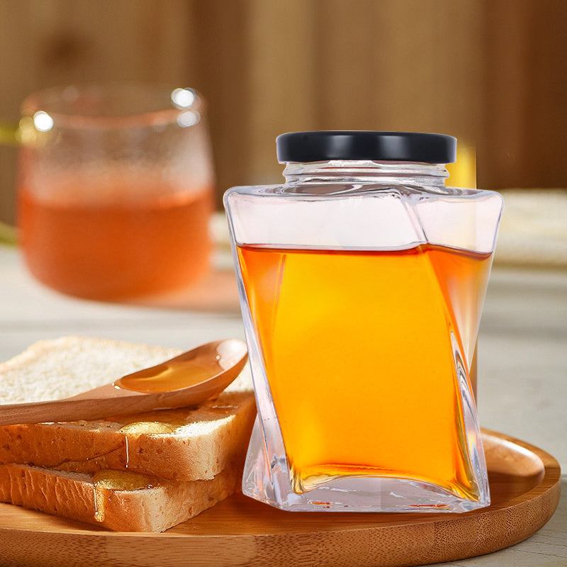 Twisted Square Glass Jar with Airtight Lid | Stylish Kitchen Storage for Honey, Spices, Herbs, and Dry Goods | 350ml