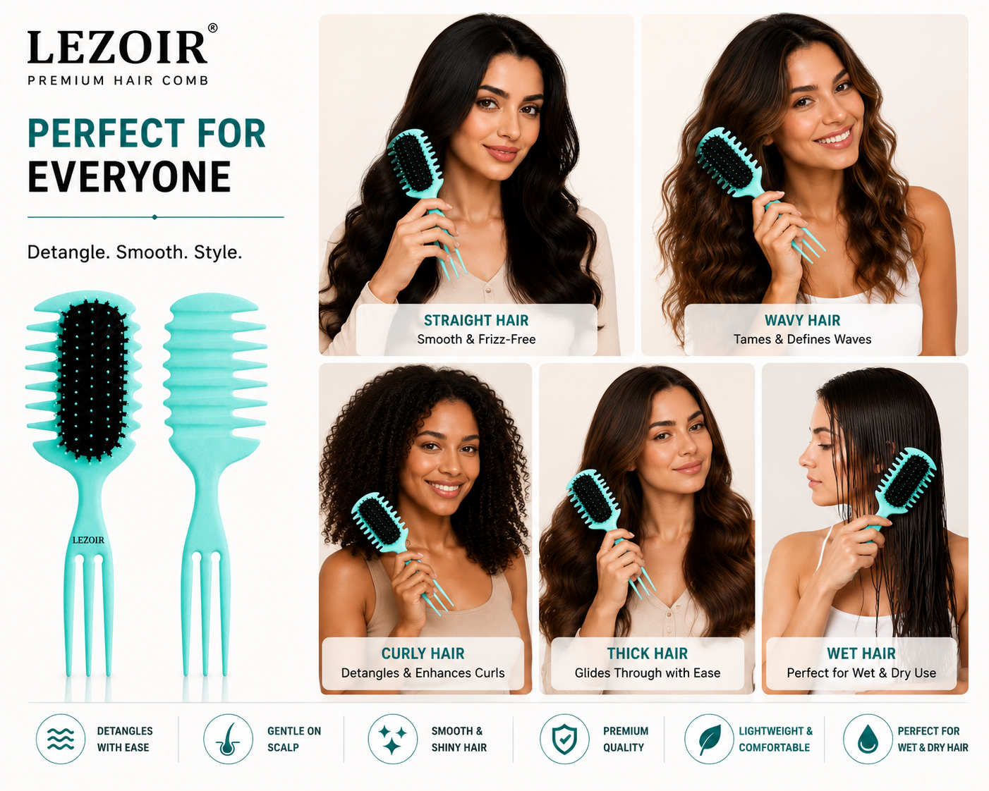 Lezoir Dual Action Hair Comb | Detangling & Smoothing Comb for Wet & Dry Hair