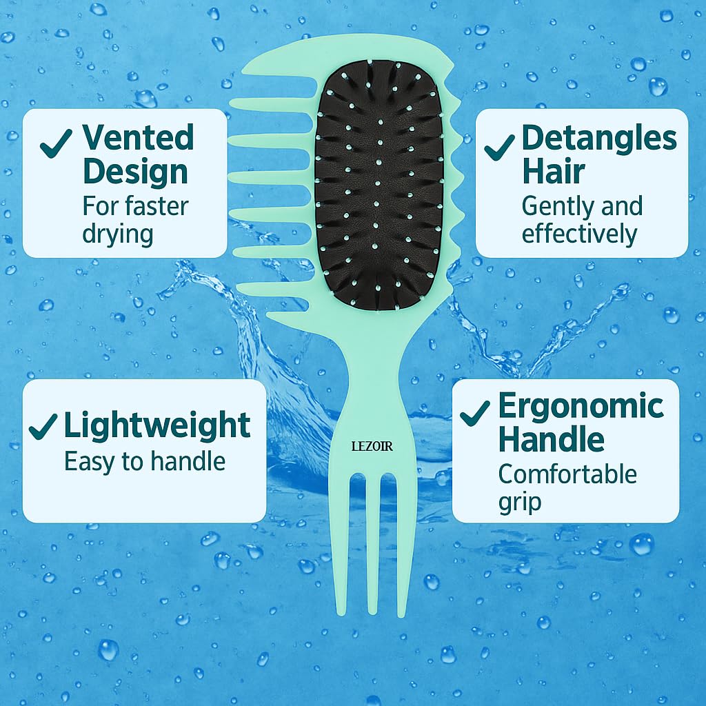 Lezoir 1st time in India Patented Wide-Tooth Detangling Hair Brush, Mint Green, Double-Sided with Bristles