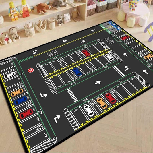 Kids Play Mat with Parking Lot Design, Construction Vehicles, Road Pattern, Educational Learning Rug, Black