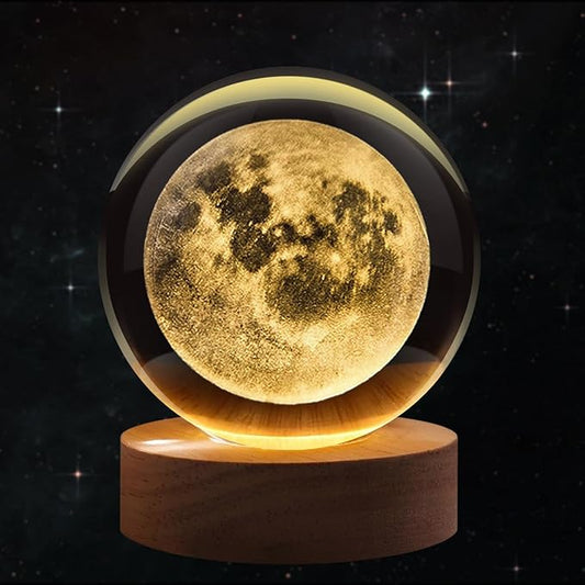 3D Moon Crystal Ball Night Light - LED Light Hologram Glass Lamp with Solid Wood Base, USB Powered Crystal Ball Lamp for Home Decor Display Birthday Gift