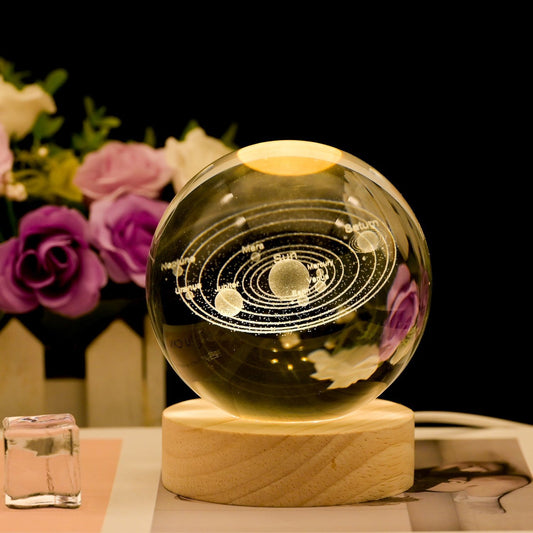 3D Solar Crystal Ball Night Light - LED Light Hologram Glass Lamp with Solid Wood Base, USB Powered Crystal Ball Lamp for Home Decor Display Birthday Gift
