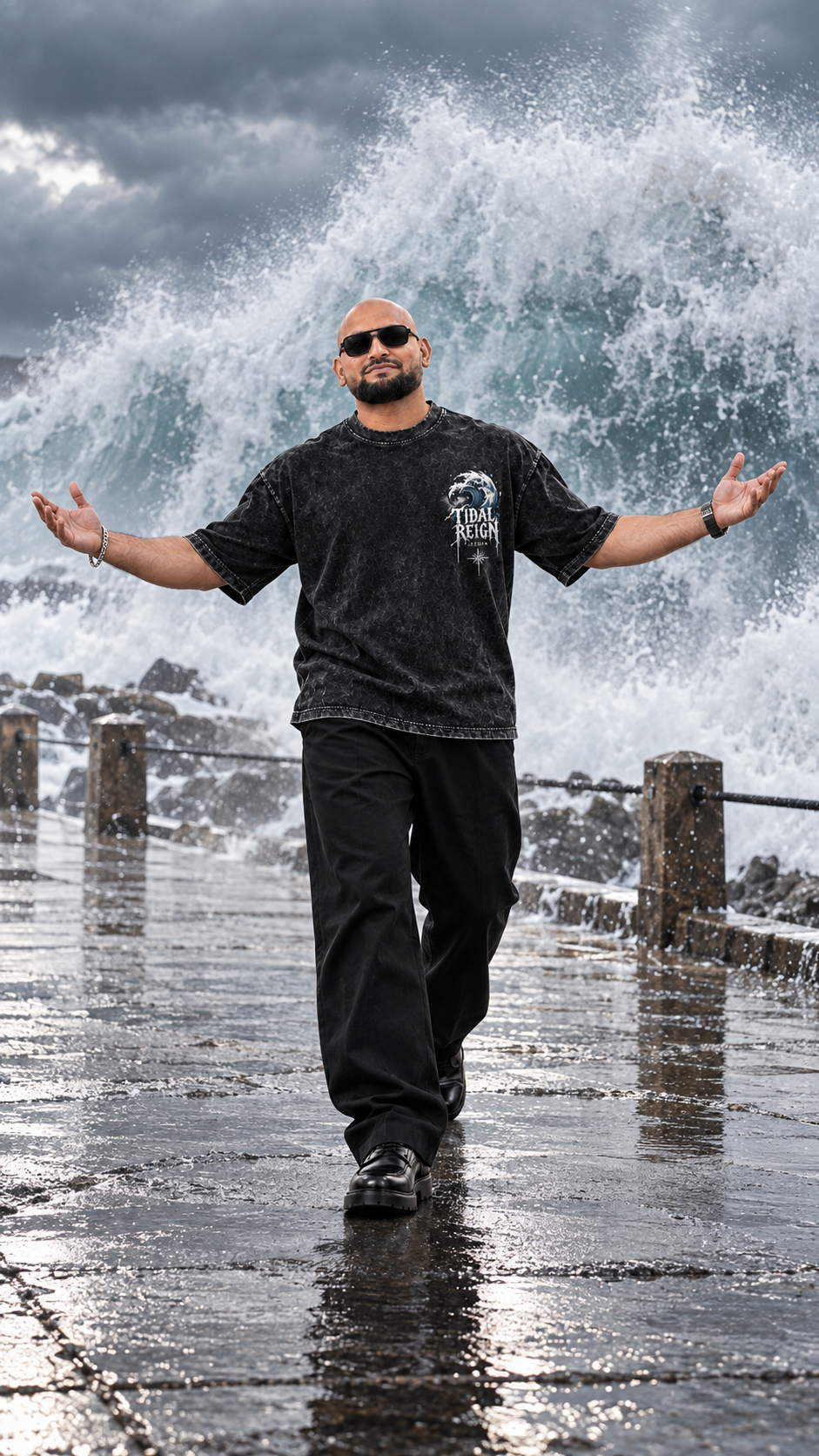 TIDAL REIGN — Black Acid Wash Oversized Tee