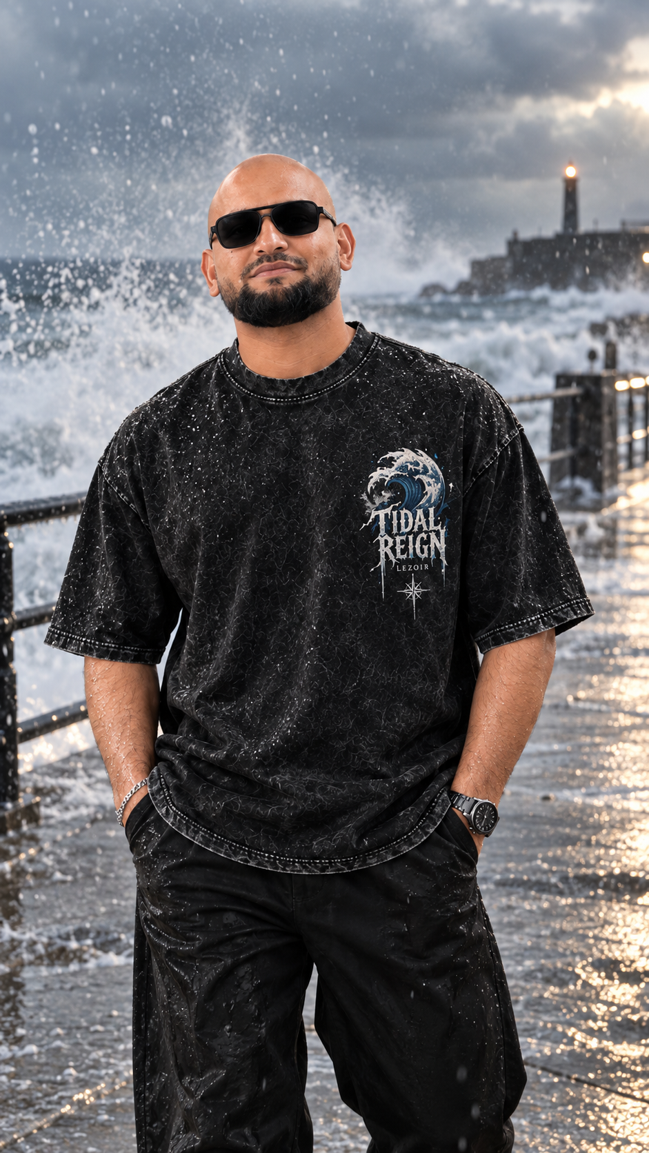 TIDAL REIGN — Black Acid Wash Oversized Tee