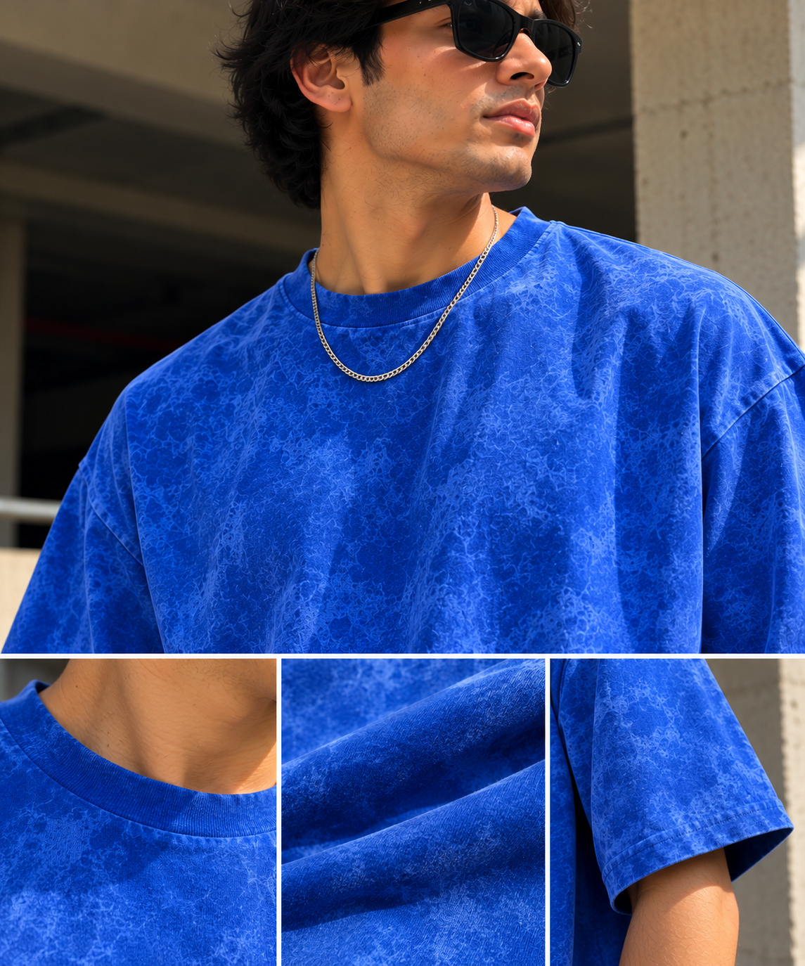 Lezoir Royal blue Acid-Wash Oversized T-Shirt