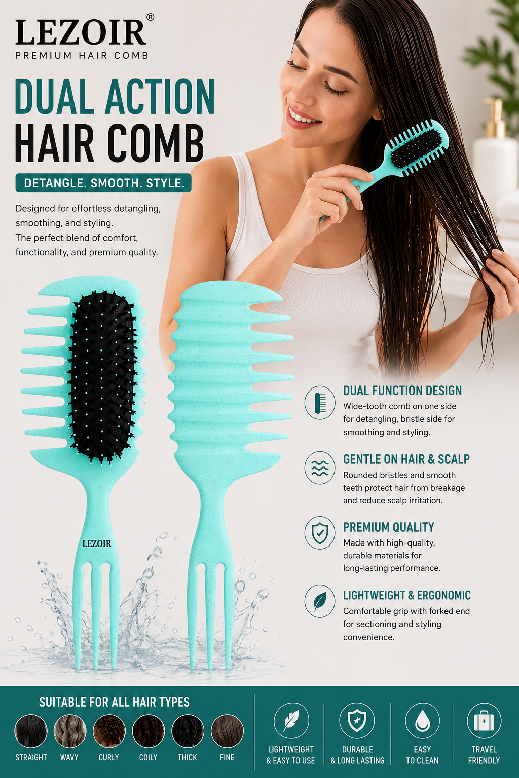Lezoir Dual Action Hair Comb | Detangling & Smoothing Comb for Wet & Dry Hair