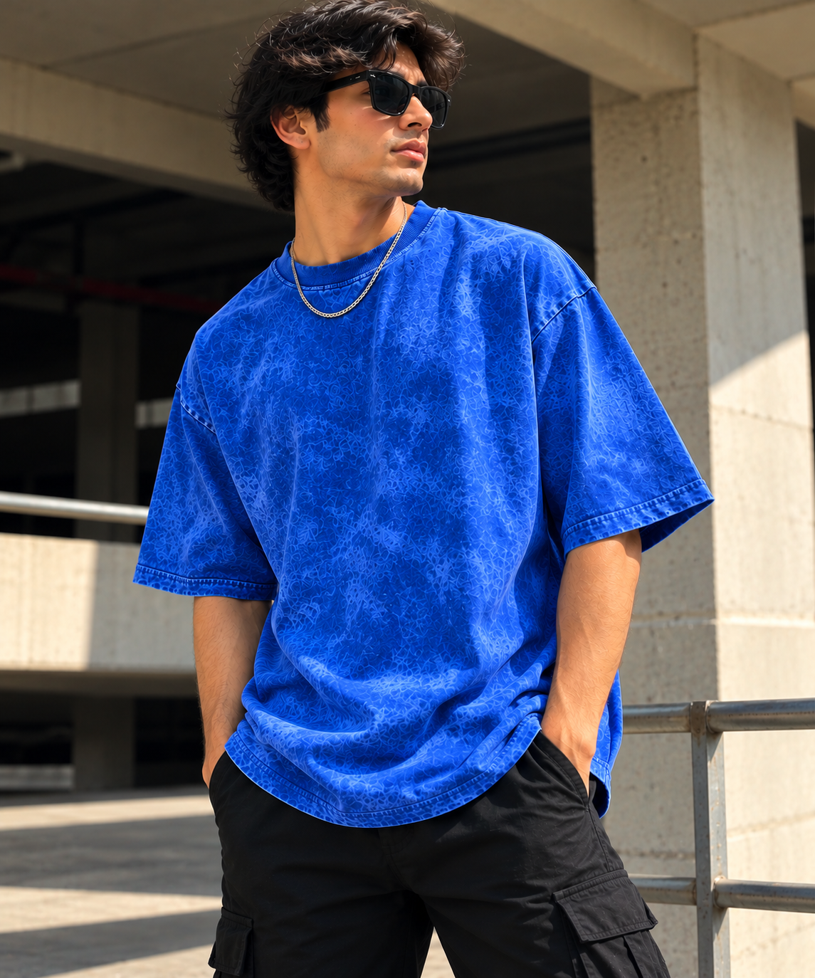 Lezoir Royal blue Acid-Wash Oversized T-Shirt