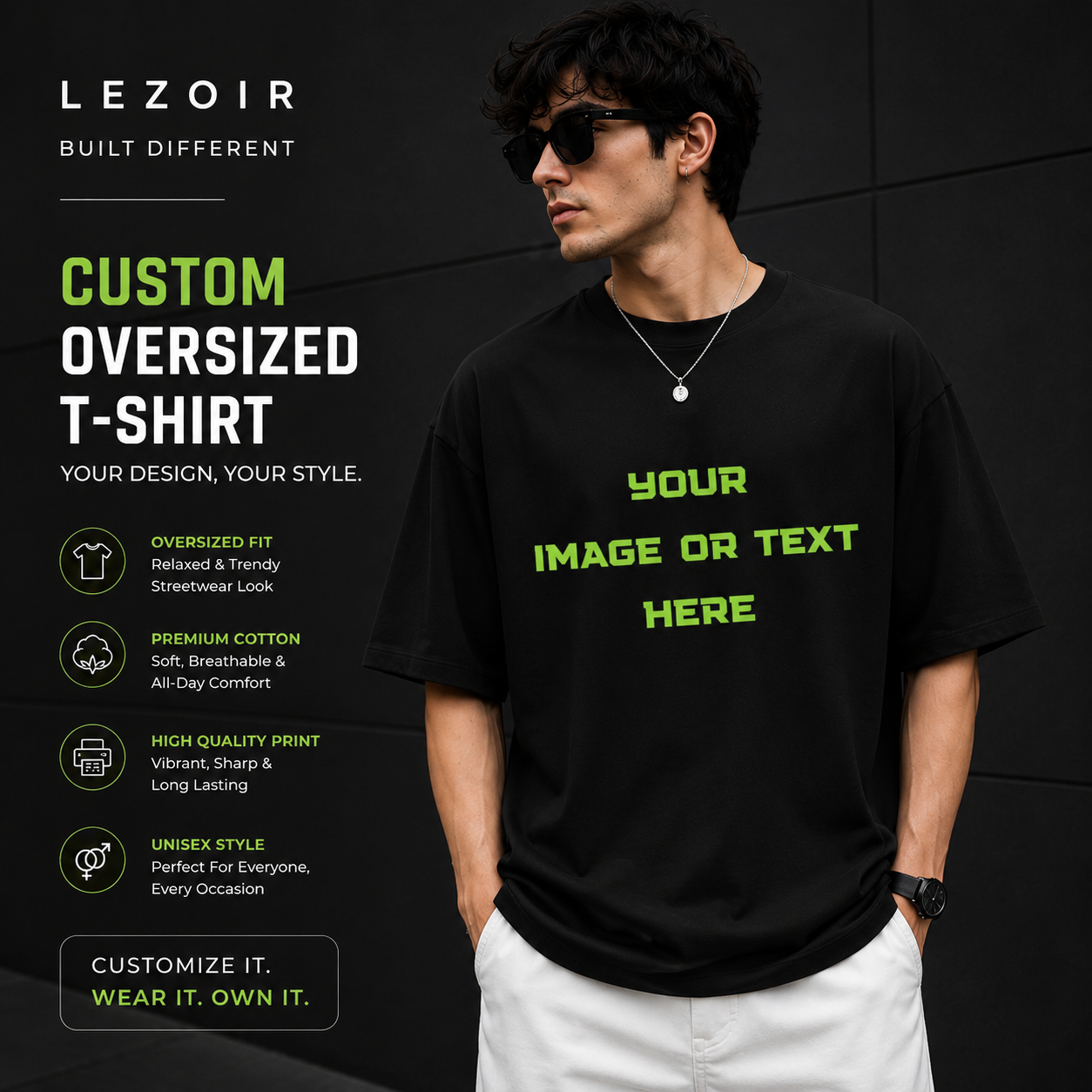 Custom Oversized Black T-Shirt | Upload Your Image, Logo or Text | Premium Unisex Streetwear | Lezoir