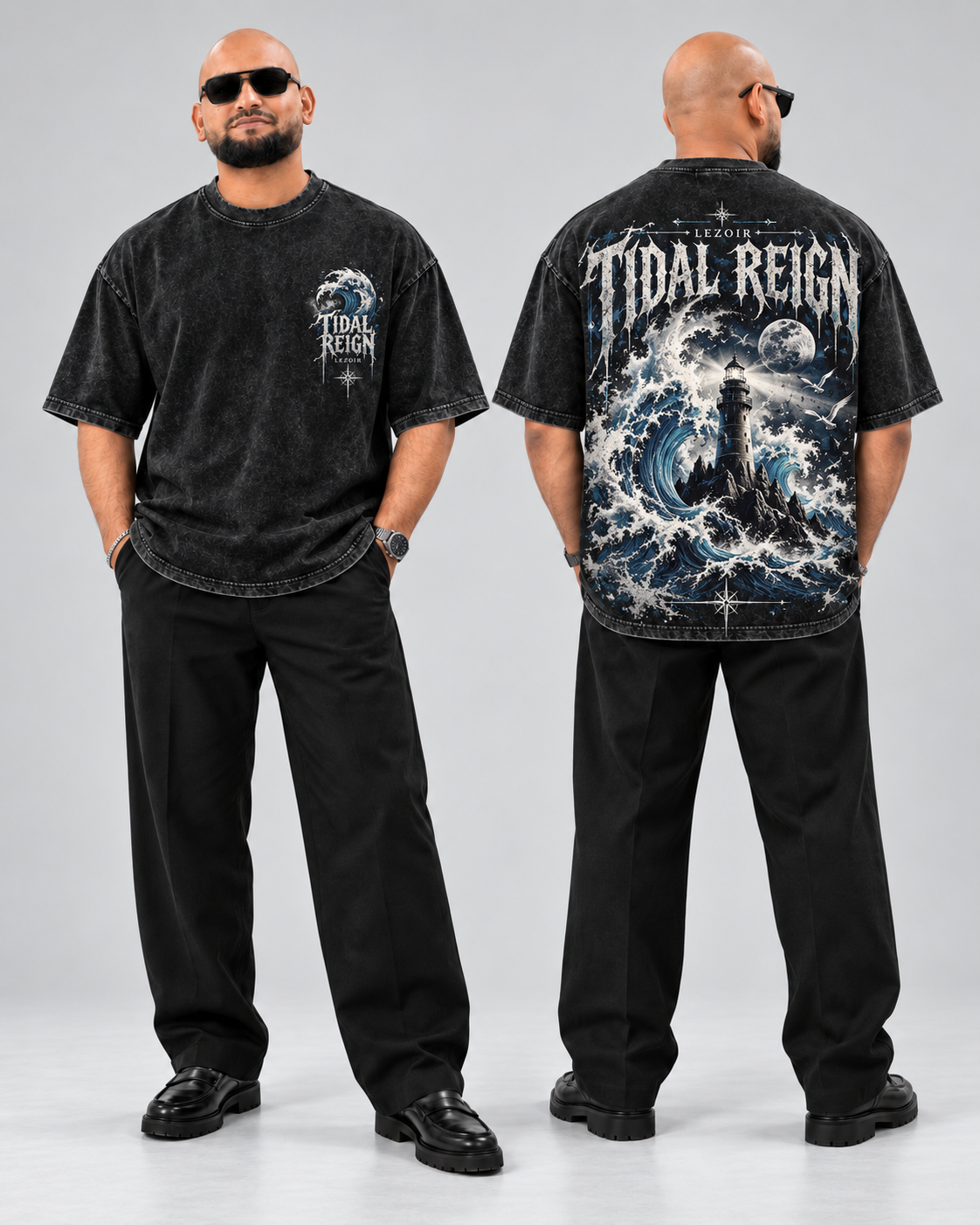 TIDAL REIGN — Black Acid Wash Oversized Tee