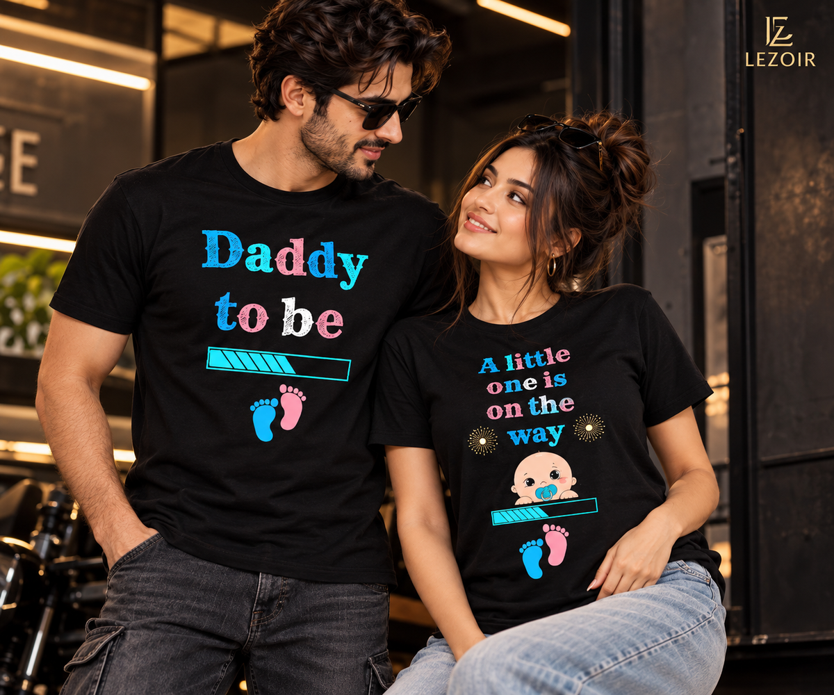Lezoir Pregnancy Announcement Couple T-Shirt Set – Black