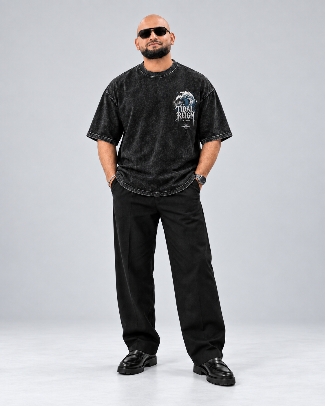 TIDAL REIGN — Black Acid Wash Oversized Tee