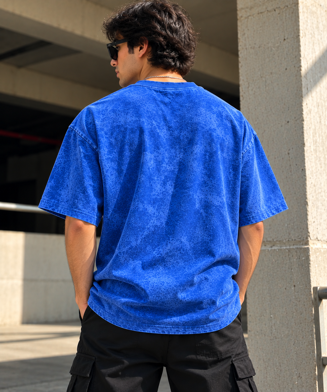 Lezoir Royal blue Acid-Wash Oversized T-Shirt