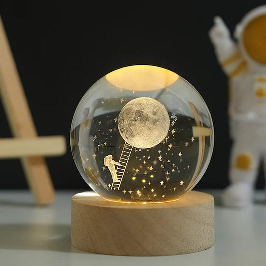 3D landing on Moon Crystal Ball Night Light - Hologram Glass Lamp with Solid Wood Base, USB Powered Crystal Ball Lamp for Home Decor Display Birthday Gift