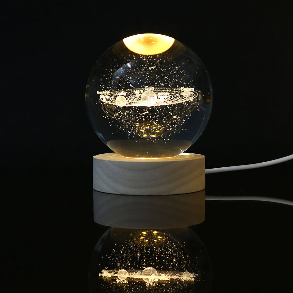 3D Crystal Ball Night Light - LED Light Hologram Glass Lamp with Solid Wood Base, USB Powered Crystal Ball Lamp for Home Decor Display Birthday Gift