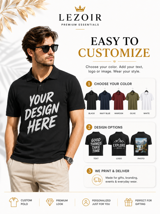 Custom Polo T-Shirt for Men – Personalized Photo, Text & Logo Polo White, Black, Olive , Navy blue, Maroon