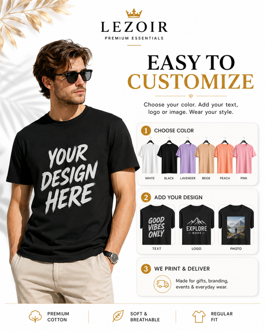 LEZOIR Custom Printed Men's T-Shirt | Personalized Text & Image | Premium Half-Sleeve | White, Black, Lavender, Beige, Peach, Pink