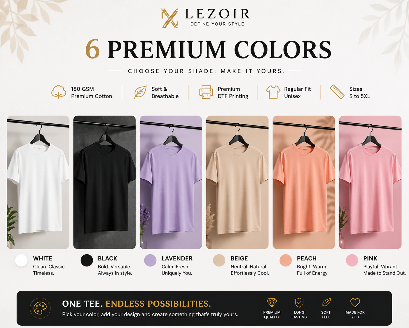 LEZOIR Custom Printed Men's T-Shirt | Personalized Text & Image | Premium Half-Sleeve | White, Black, Lavender, Beige, Peach, Pink