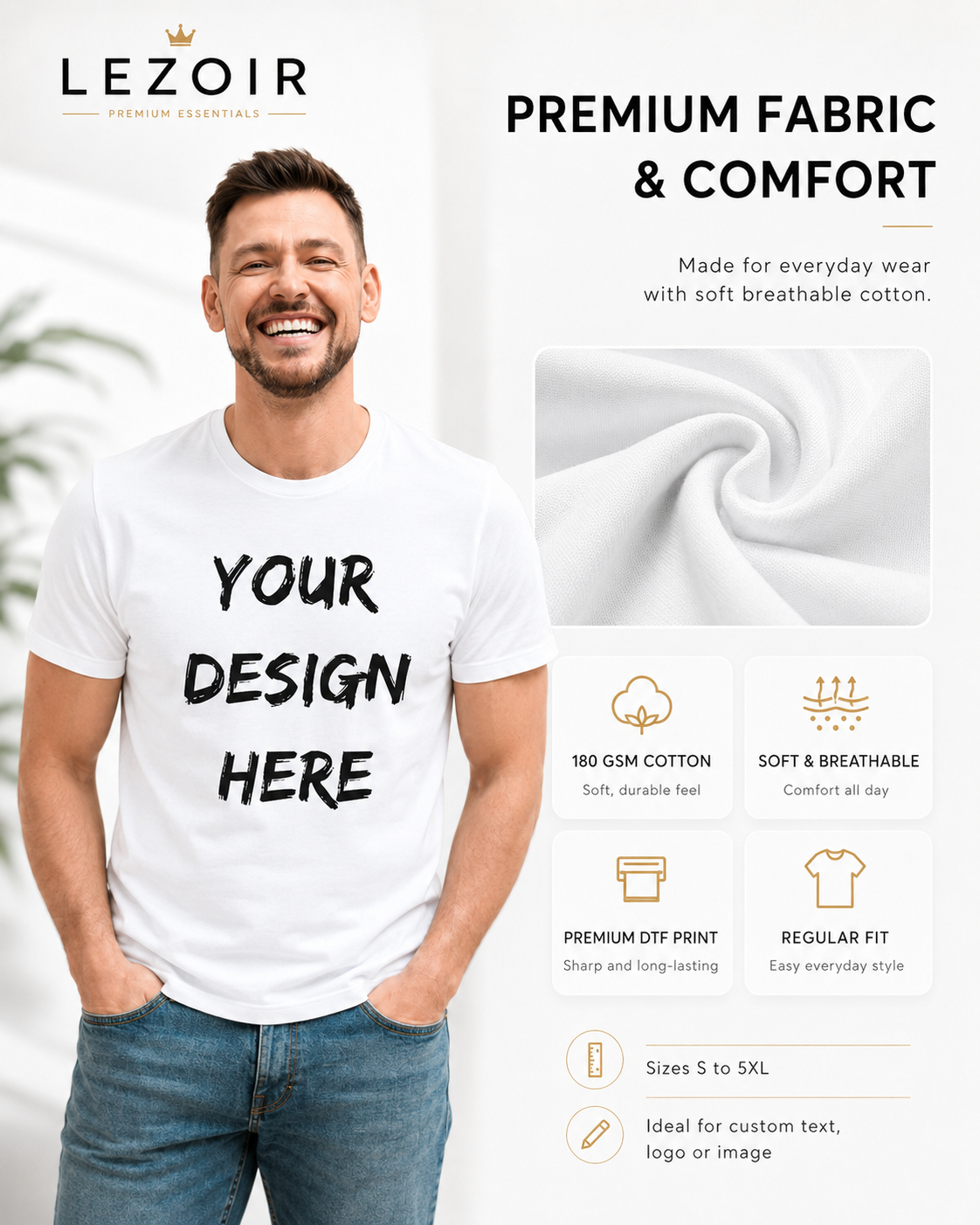 LEZOIR Custom Printed Men's T-Shirt | Personalized Text & Image | Premium Half-Sleeve | White, Black, Lavender, Beige, Peach, Pink