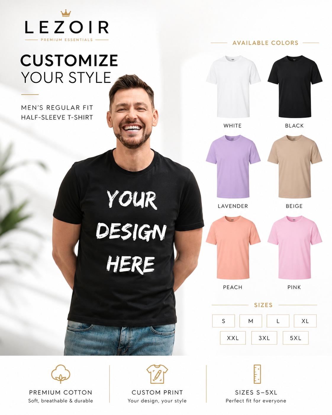 LEZOIR Custom Printed Men's T-Shirt | Personalized Text & Image | Premium Half-Sleeve | White, Black, Lavender, Beige, Peach, Pink