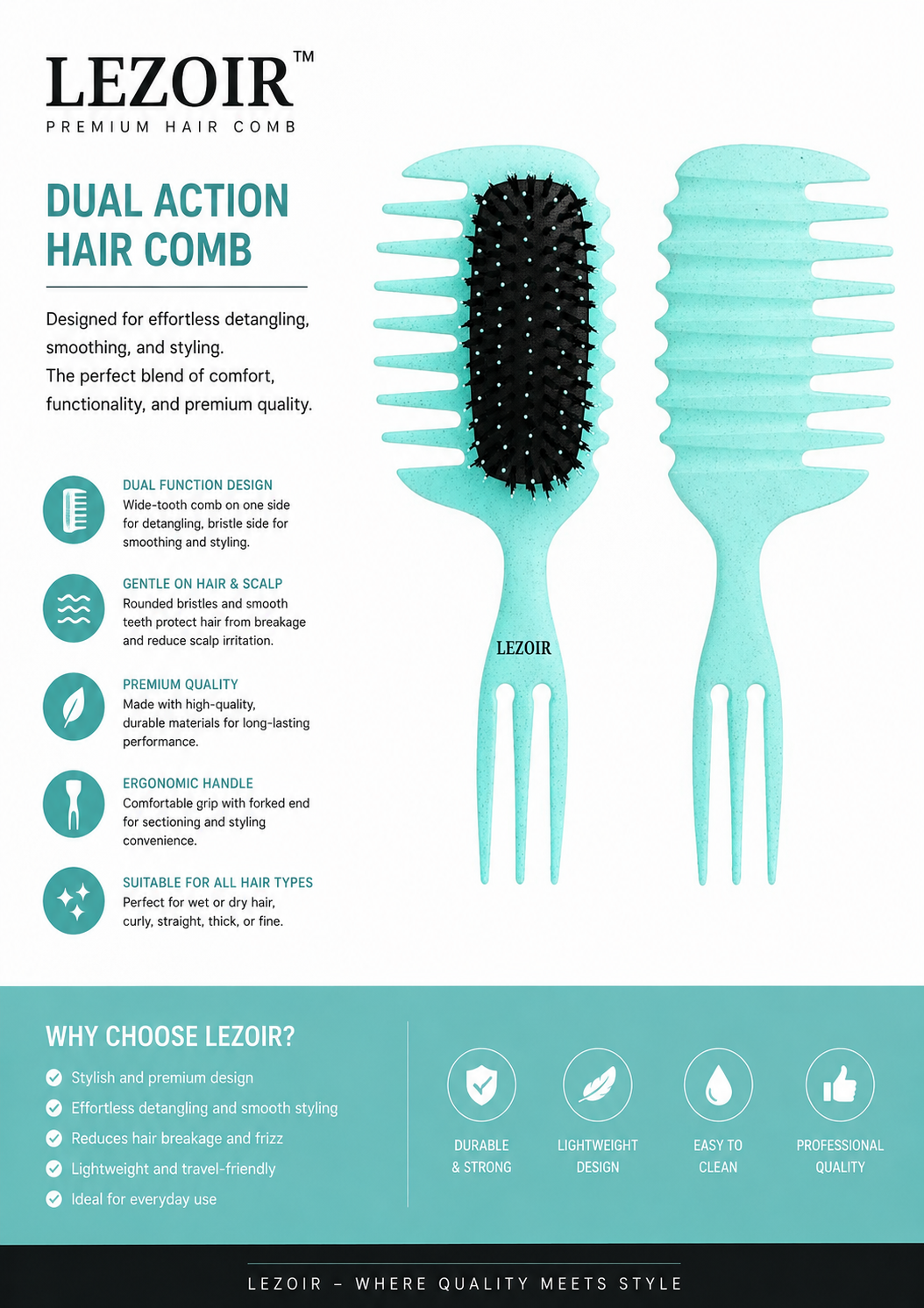 Lezoir Dual Action Hair Comb | Detangling & Smoothing Comb for Wet & Dry Hair