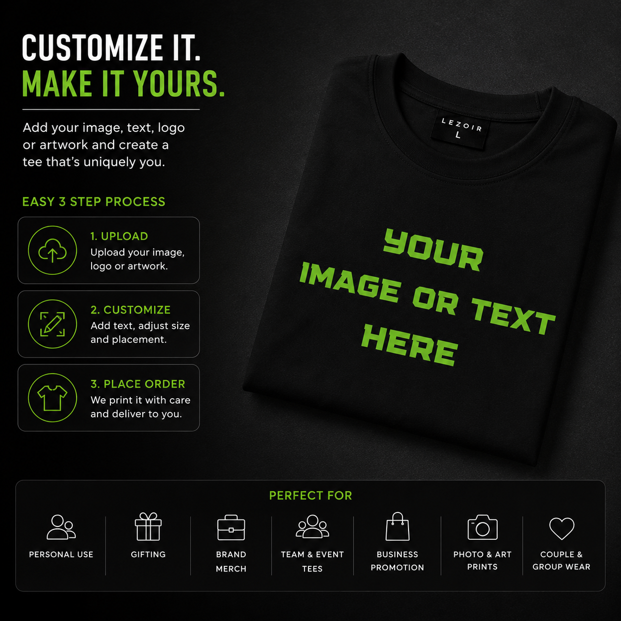 Custom Oversized Black T-Shirt | Upload Your Image, Logo or Text | Premium Unisex Streetwear | Lezoir