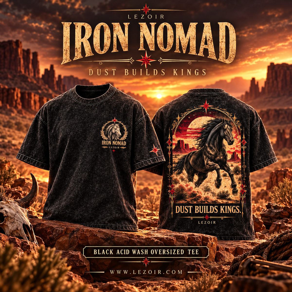 LEZOIR Iron Nomad Acid Wash Oversized T-Shirt – Black Streetwear Graphic Tee