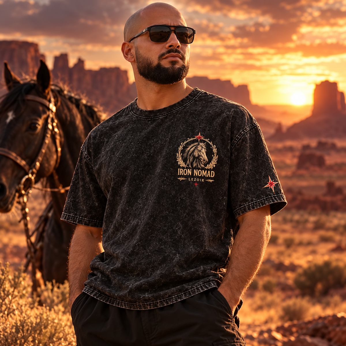 LEZOIR Iron Nomad Acid Wash Oversized T-Shirt – Black Streetwear Graphic Tee