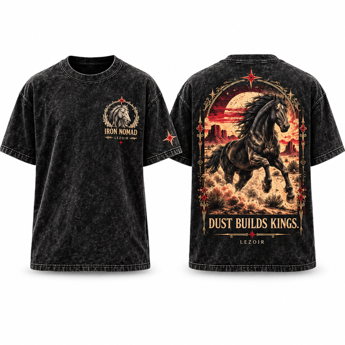 LEZOIR Iron Nomad Acid Wash Oversized T-Shirt – Black Streetwear Graphic Tee