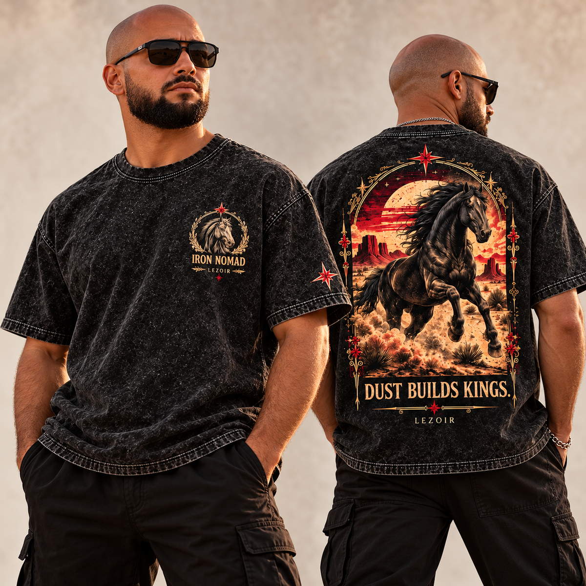 LEZOIR Iron Nomad Acid Wash Oversized T-Shirt – Black Streetwear Graphic Tee